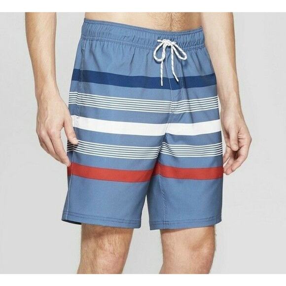 Goodfellow & Co Mens Board Shorts Size Large Unlined Swim Trunks Blue Striped - Picture 1 of 9